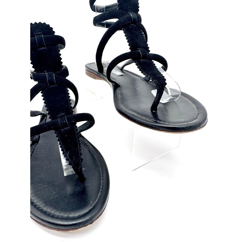 Prada Black Leather T Strap Flat Sandals Ruffled Trim Ankle Buckle EU 38 - Picture 9 of 12